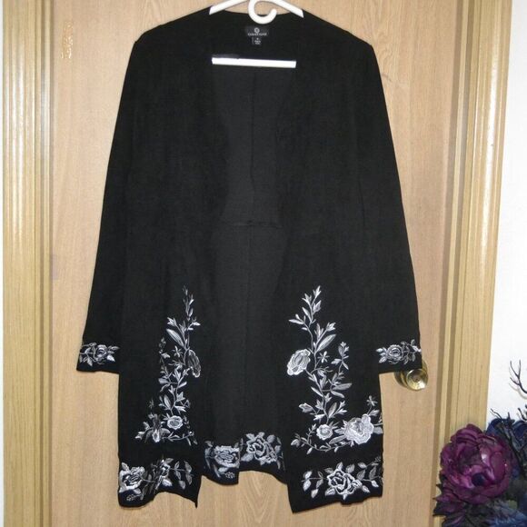 Curations Faux Suede Black Open Long Embroidered Cardigan - Picture 1 of 7